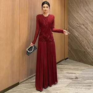 AELESEEN Slimming Sheer Spliced Shirring Fashion Dresses for Women O-Neck Full Sleeve Split Elegant Dress Female Clothing