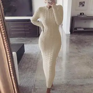 New Stylish Women Fashion Clothing 2021 Solid Long Sleeve Ladies Long Maxi Dress Woman Casual Sweater Dresses