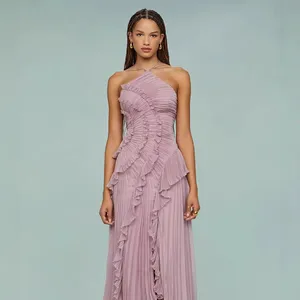 High Quality 2025 Summer Fashion New Arrival Best-selling Chiffon Purple Casual Dress Ruffled Slim Halter Elegant Long Dress