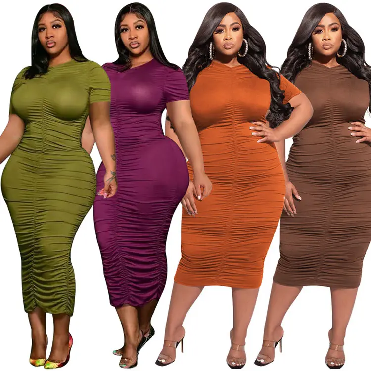 Summer Clothing Plus Size Women's Dresses Unique Style Short Sleeve Tight Fit Pleated Plus Size Dress For Adults Girls