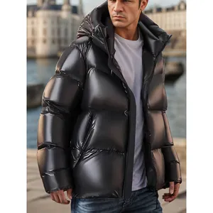 New Style Men's Shiny Quilted Puffer Jacket With Patch Logo Glossy Padded Winter Hood Coat Walking Fashion Plus Size Outerwear