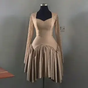 2025 Spring Summer New Casual Fashionable Square Neck Lace Patchwork High Waist Mid-Length Pleated Dress for Women