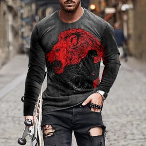 European & American Men's 100% Polyester Long-Sleeved T-Shirt High Quality Loose Round Neck 3D Animal Print Digital Printing