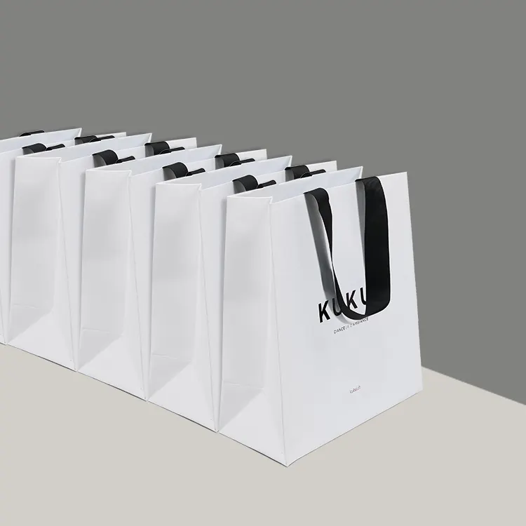 Custom Luxury Gold Foil Matte Embossed Laminated Paper Bag Logo Large Medium White Gift Sturdy Paper Clothing Store Shopping Bag