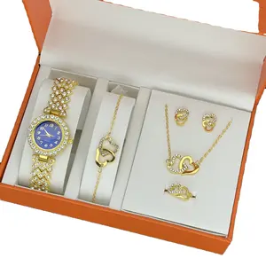 Popular 5PCS Women's Watch Set Fashionable Double Love Water Diamond Alloy Jewelry Inlaid Diamond Women's Watch