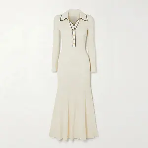 Knitwear Manufacturers Custom Beige Striped Polo Collar Long Sleeve Gold Button Casual Women Knit Sweater Dress
