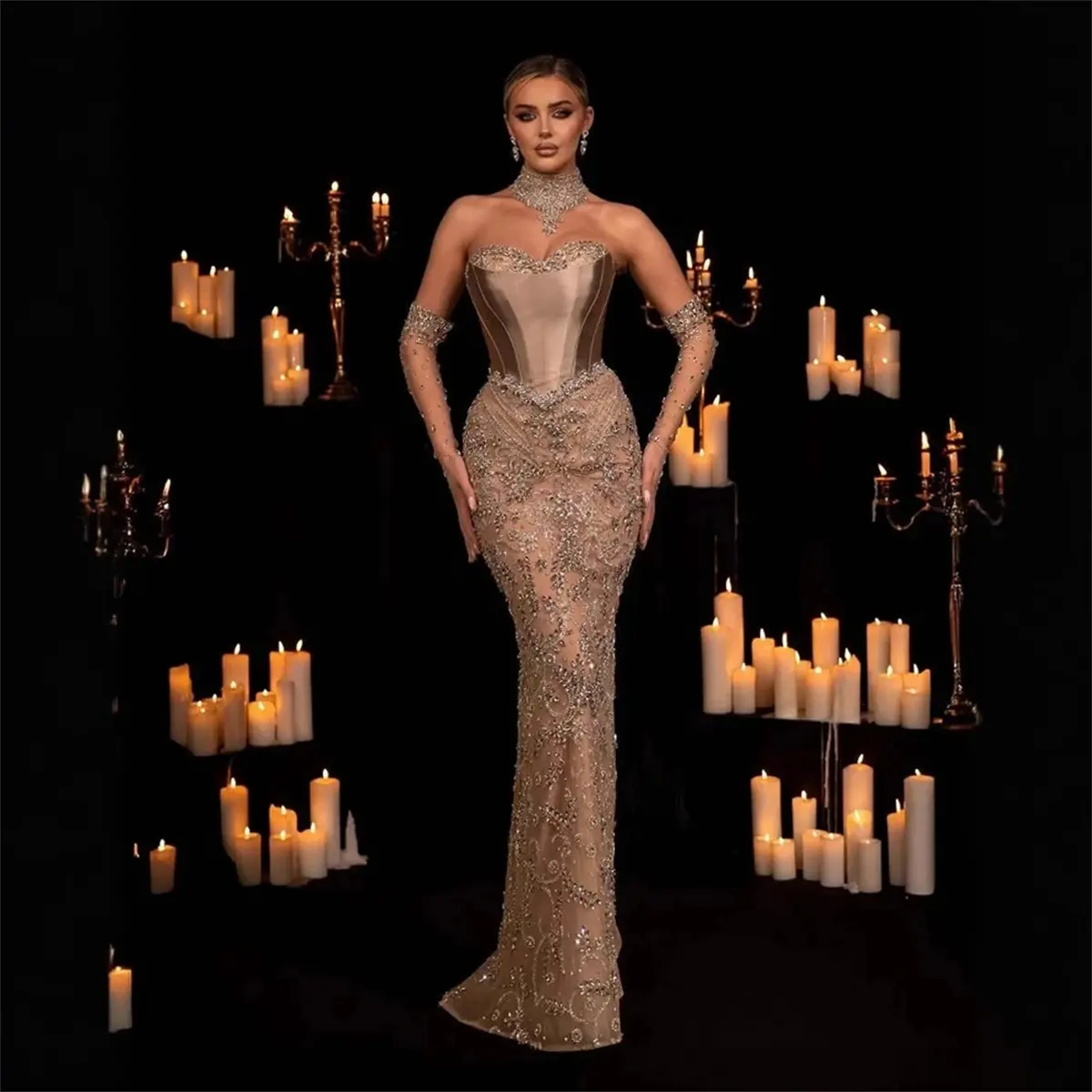 Mily Bridal L365 Luxury Beaded Mermaid Evening Dress With Gloves Corset High Collar Formal Dresses for Women Wedding