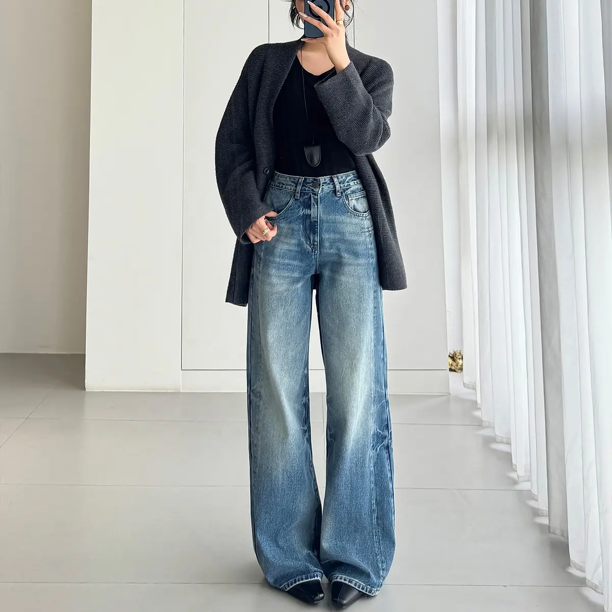 YUANBOFEI Casual Eco-Friendly Breathable High Waist Boyfriend-Style Wide Leg Baggy Blue Straight-leg Denim Jeans for Women