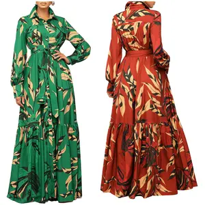 Wholesale Latest Design Fashion Autumn Dresses Women Casual Lapel Strap Print Plus Size Long Sleeve Long Dress Women Shirt Dress