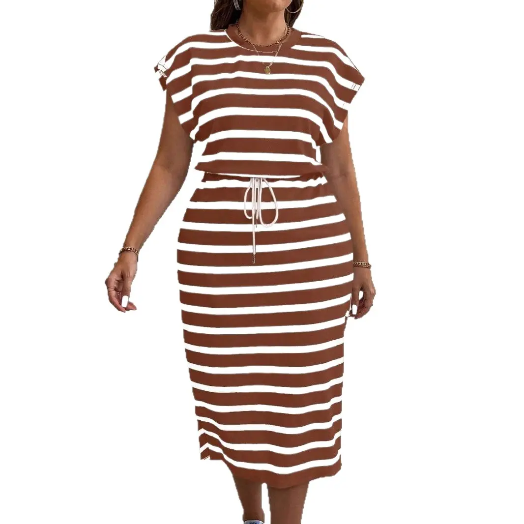 European American Women's Clothing for AliExpress Independent Station Large Size Regular Sleeve Striped Dress