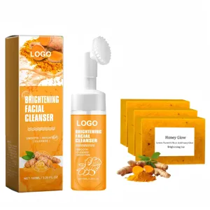 Custom Logo Lemon Turmeric Kojic Acid Brightening Glow Organic Skincare Set Foam Facial Cleanser&Soap