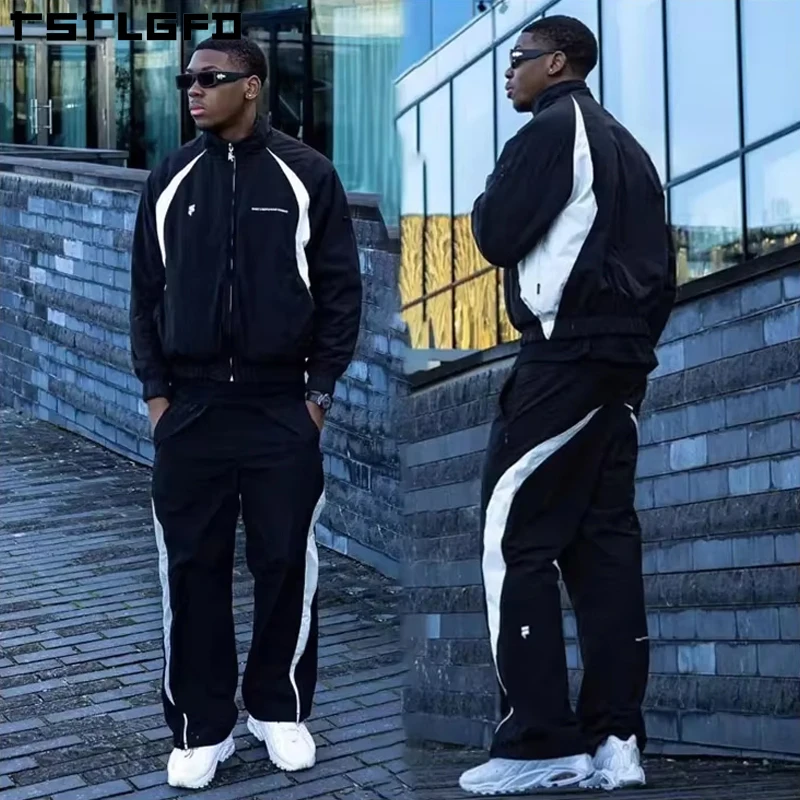 ผู้ชาย Jogger ชุด 2 ชิ้นชุด Patchwork Zip up Puff Track แจ็คเก็ตไนลอนและกางเกง Custom ไนลอนผู้ชาย tracksuit