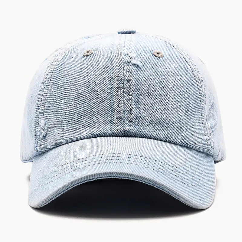 Cheap Custom Mens Women Plain Blue Jeans Vintage Washed Denim Fabric Distressed Strap Back Baseball Caps and Dad Hats