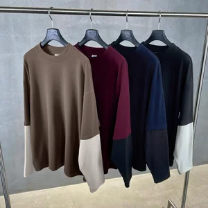 Customized Heavyweight Drop Shoulder Cotton Tshirt Double Layer Long Sleeve T-Shirt Men