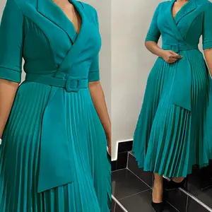 Women New Fashion Pleated Dress Lapel Collar Half Sleeve Belted A-line Dress Spring Summer Office Lady High Waist Formal Dresses