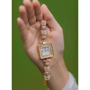 Ladies Pearl Bead Bracelet Watch Gold Tone Square Dial Womens Quartz Wristwatch Ethnic Fashion Jewelry Accessories Gift