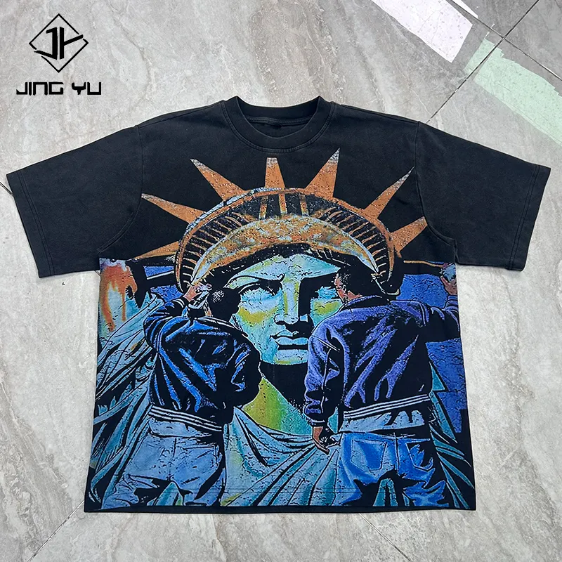 Custom High Quality Streetwear Rhinestones Distressed T Shirts Pocket DTG Printing Graphic Acid Wash T-shirts for Men