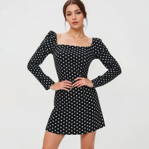 Custom Black Polka Dot Long Sleeve Mini Dress for Women Office Work Dress Ladies