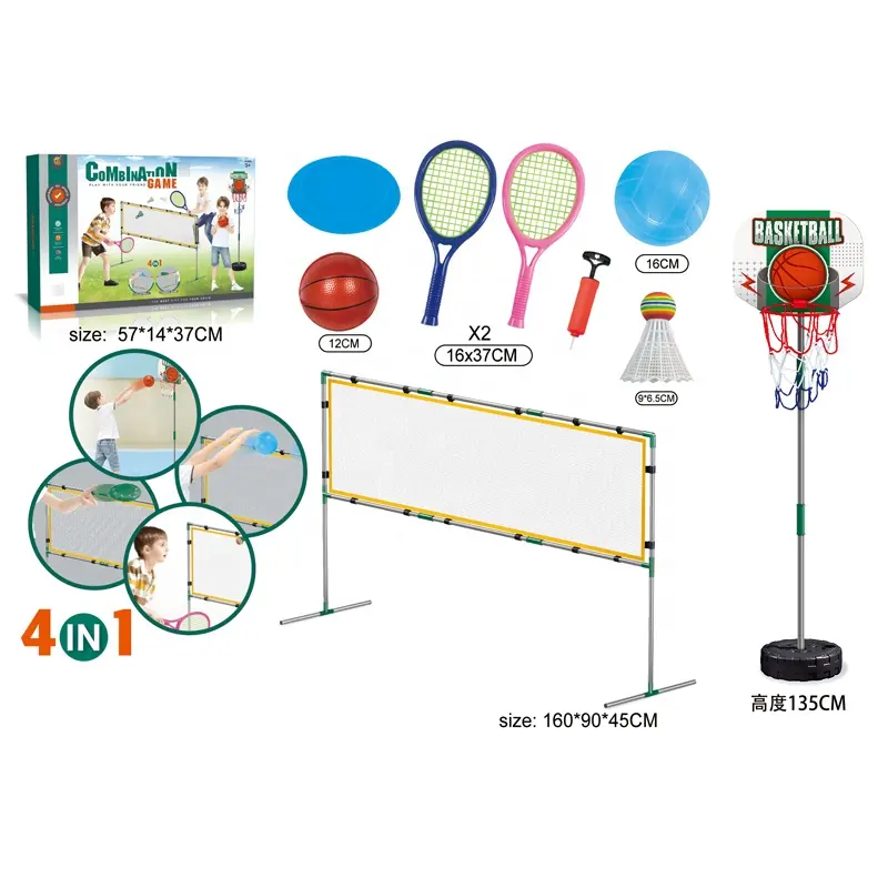 3 in 1 Sports Outdoor Game Combo Badminton Set - Outdoor Backyard + Beach Badminton Net + Flying Disc and Volleyball Game Toys