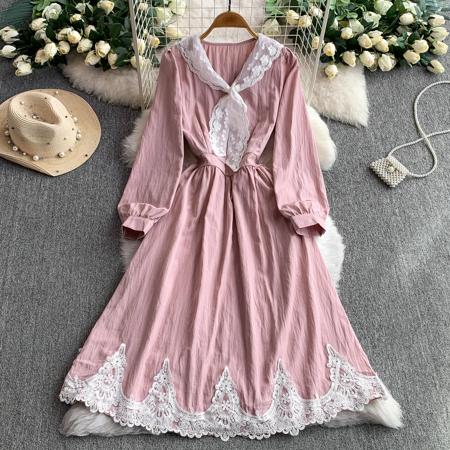 Fashion Women Clothes Women's Dresses Style Elegant V-Neck Lace-Up Long Sleeve Dress With Belted Waist Casual Dresses For Women