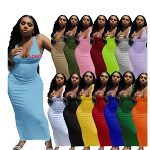 Custom LOGO 2025 Summer Girls Clothes Blank Halter Deep V Neck Ladies Elegant Club Maxi Sexy Bodycon Plus Size Women's Dress