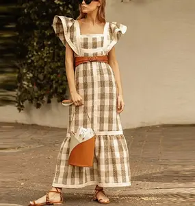 Elegant Print Striped Long Dress Women Square Collar Sleeveless Fashion Female Dresses Spring Summer Street Lady Robe
