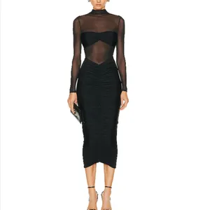 2025 High Quality Fashion Black Half Turtle Neck Sexy Mesh Sheer See Through Dress Long Sleeve Midi Bodycon Party Club Dress