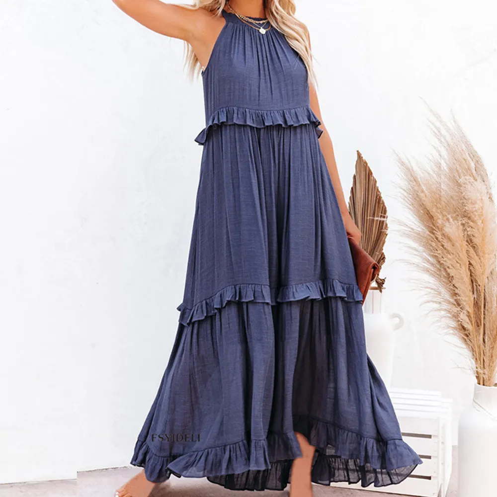 Wisrise Fashion Custom Wholesale Irregular Cake Natural Waist Solid Breathable Elegant Beach Sleeveless Halter Maxi Dress