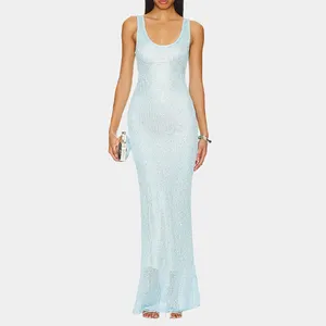 Evening Party Vacation Summer Pencil Bodycon Light Blue Sequin Embellished Knit Sleeveless Maxi Elegant Dresses