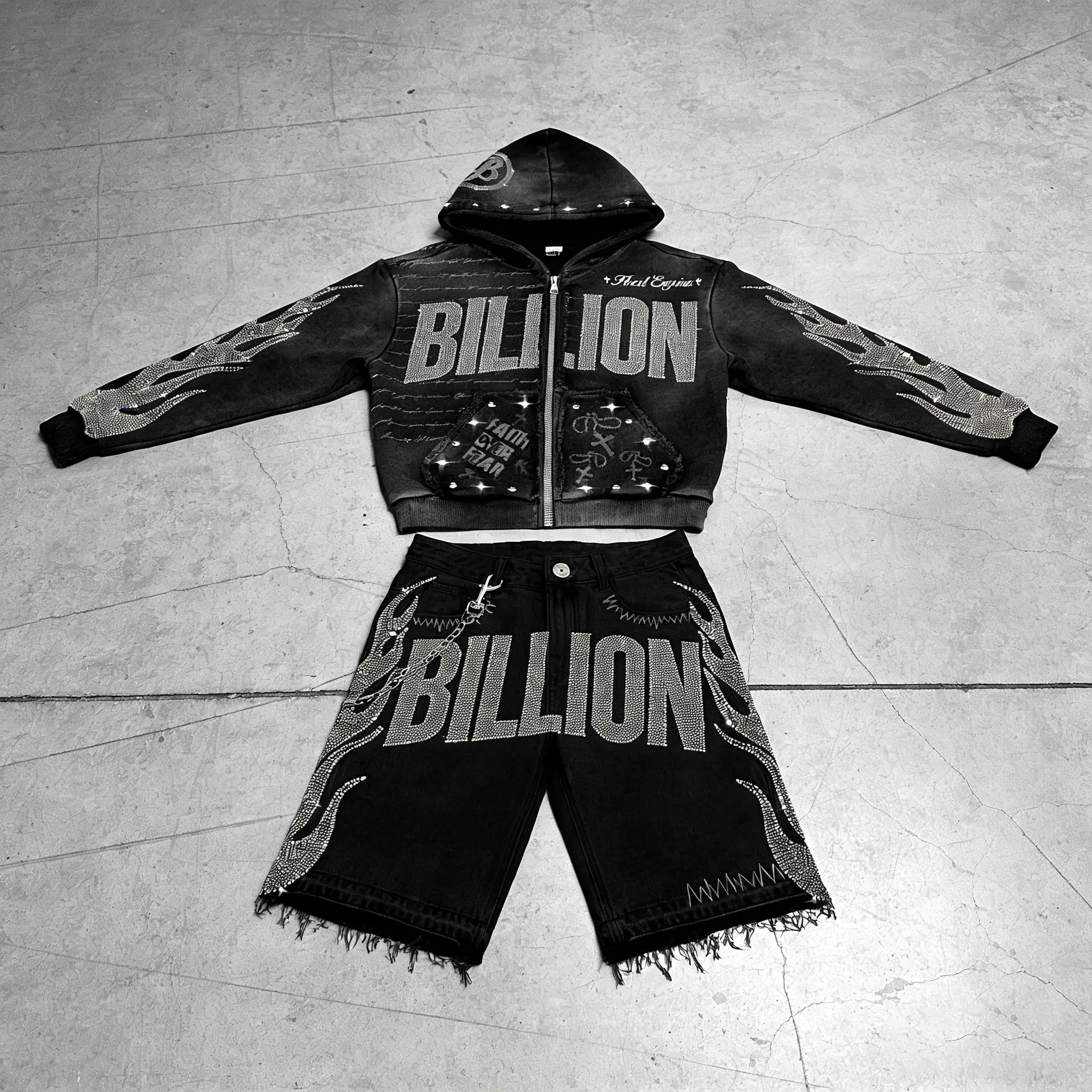 Custom Vintage Sun Faded Heavyweight Streetwear เย็บปักถักร้อย Cropped Acid Wash Rhinestone Distressed Zip up Hoodie สำหรับชาย