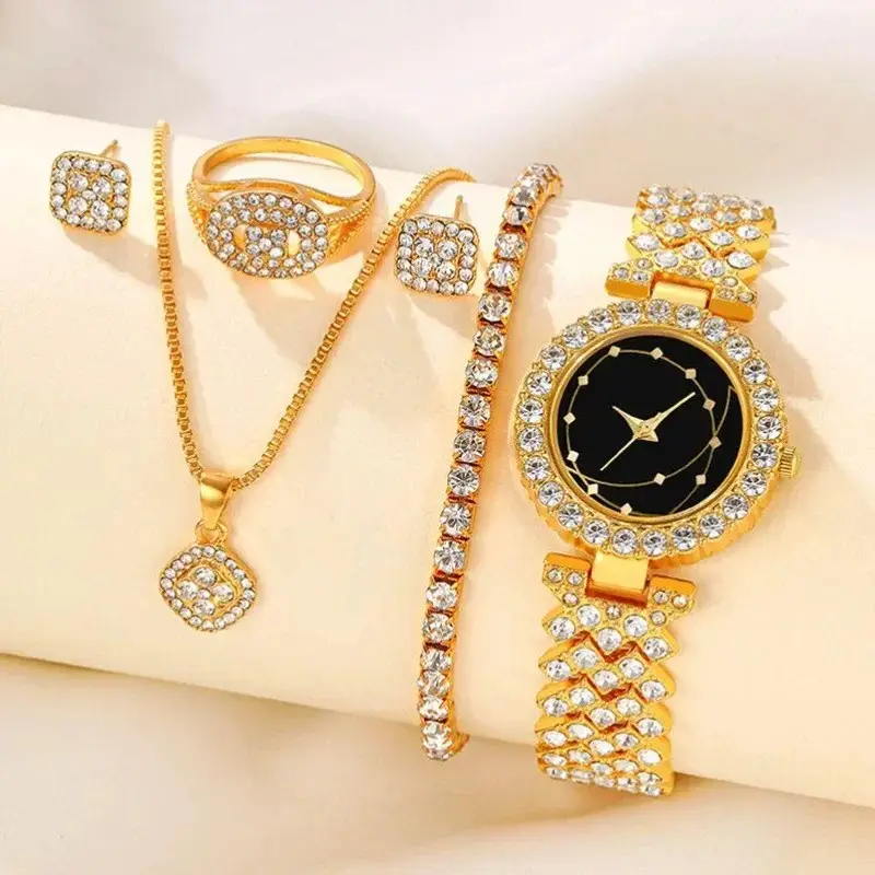 Luxury Women's Quartz Watch & Jewelry Combo Diamond Watch with Ring, Bracelet & Necklace for a Polished Look