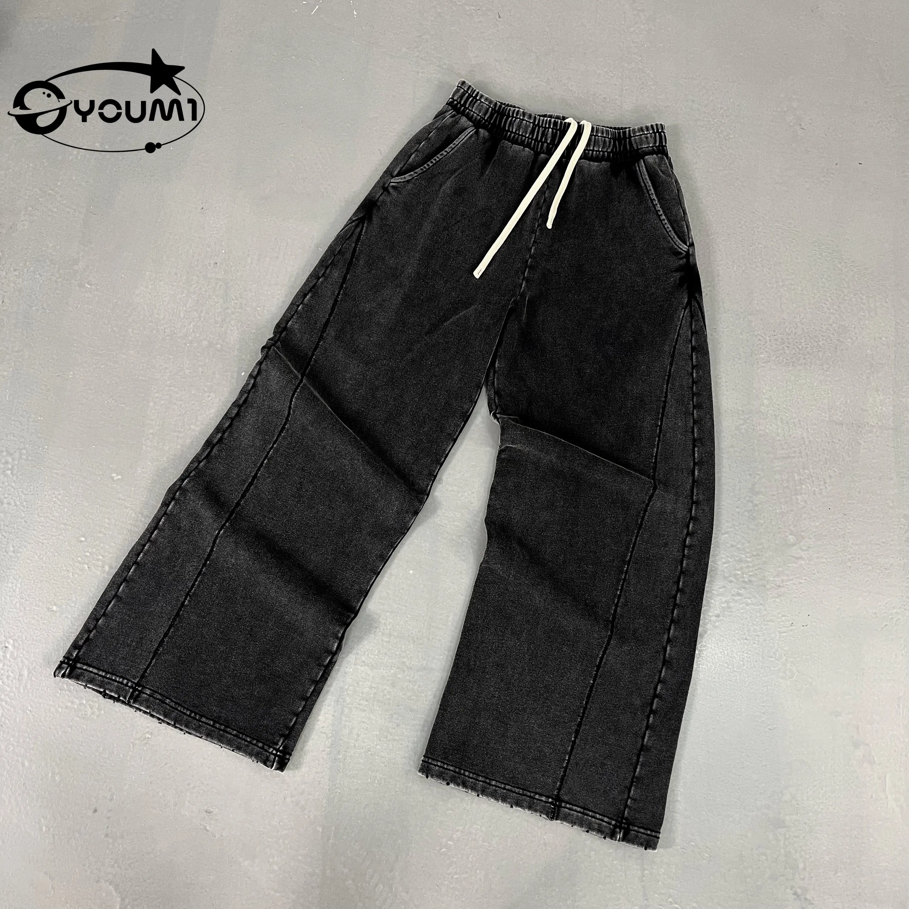 Youmi Custom OEM Service Casual Heavyweight Straight Baggy Acid Wash Distressed Hem Mid Drawstring Waist 100% Cotton Men's Pants