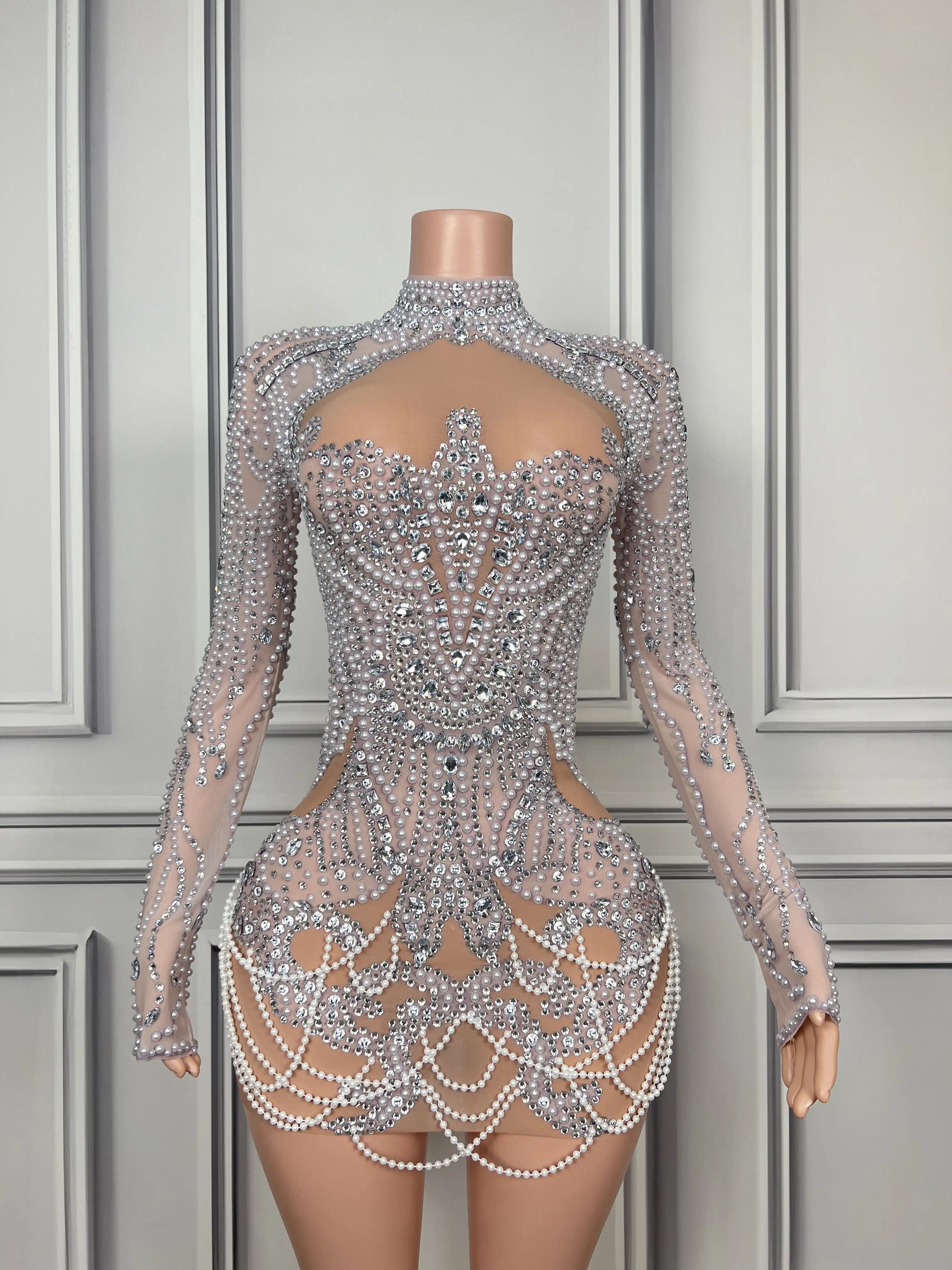 Vestido Elegant Pearls Tassel Birthday Wedding Bodycon Dress Club Party Sheath Dress Women Sexy Diamonds Mini Evening Prom Dress