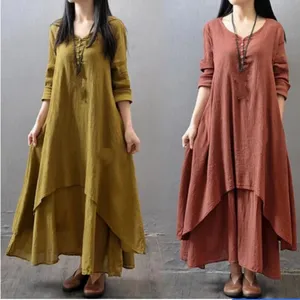 Fashionable Loose Long Sleeve Cotton Linen Dress 2026 Spring Autumn Women s Casual Long Skirt Dress