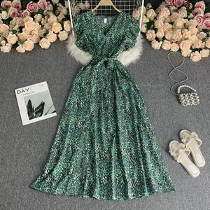 Lady'S Casual V-Neck High Waist Dress Floral Print Sleeveless Long Chiffon Skirt Women Casual Fashion Dress