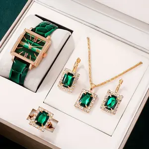 DY- 03 BOX NOT INCLUDED New Women's Fashion Quartz Watch With Square Gemstone Bracelet Jewelry Ring Earring Lady Fashion Set
