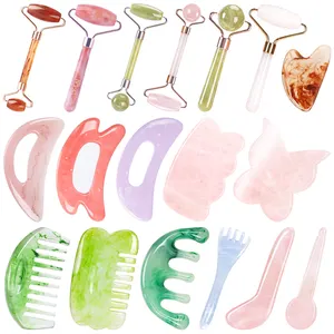 Custom Anti Aging Pink Rose Natural Green Facial Jade Roller Heart Shaped Gua Sha With Jade Roller Set