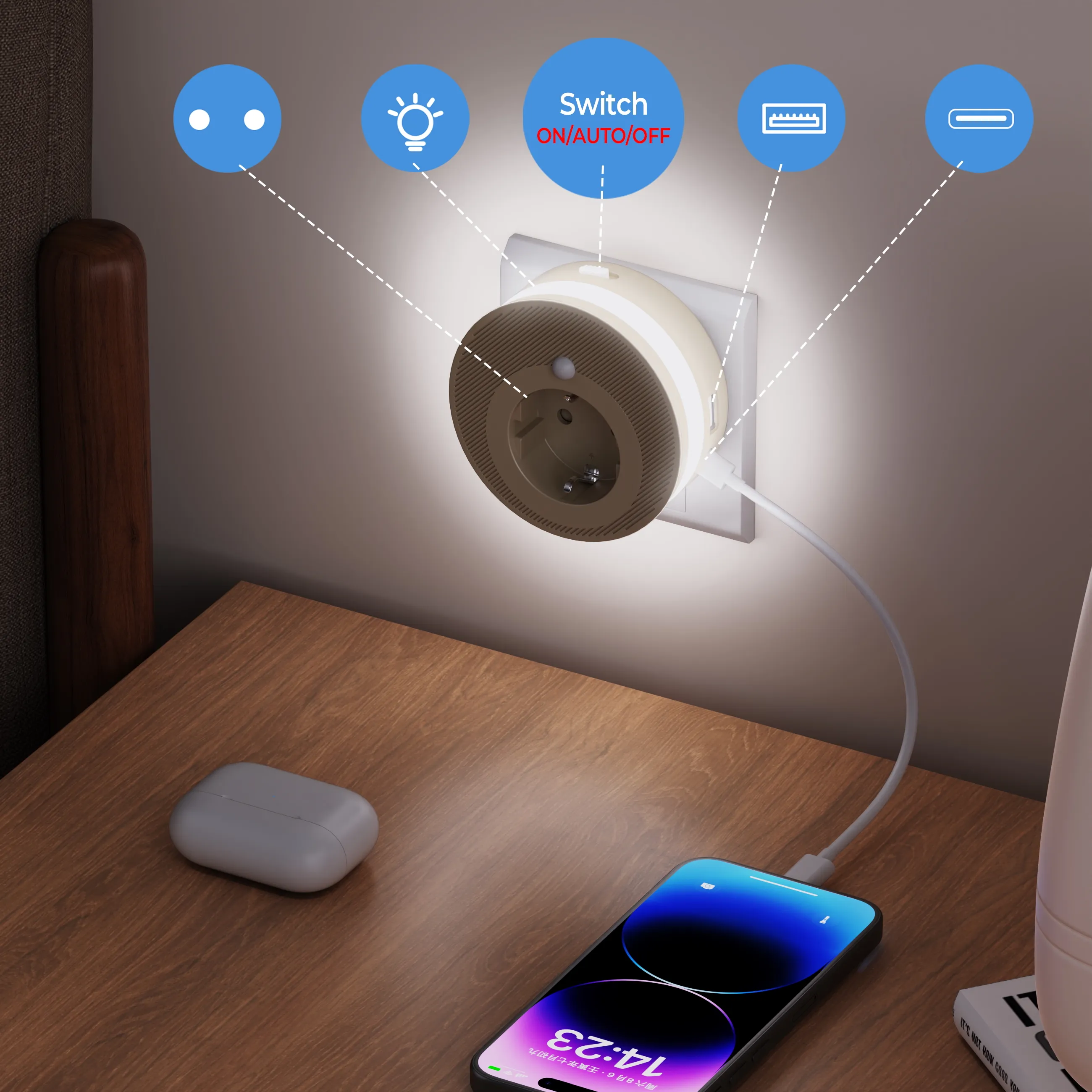 ซ็อกเก็ต USB หลายซ็อกเก็ตอาวุโสโคมไฟกลางคืนที่อบอุ่นและสมาร์ทโฮมสไตล์ใหม่สหภาพยุโรปมาตรฐานสวิตช์อิสระพร้อม USB-A TYPE-C