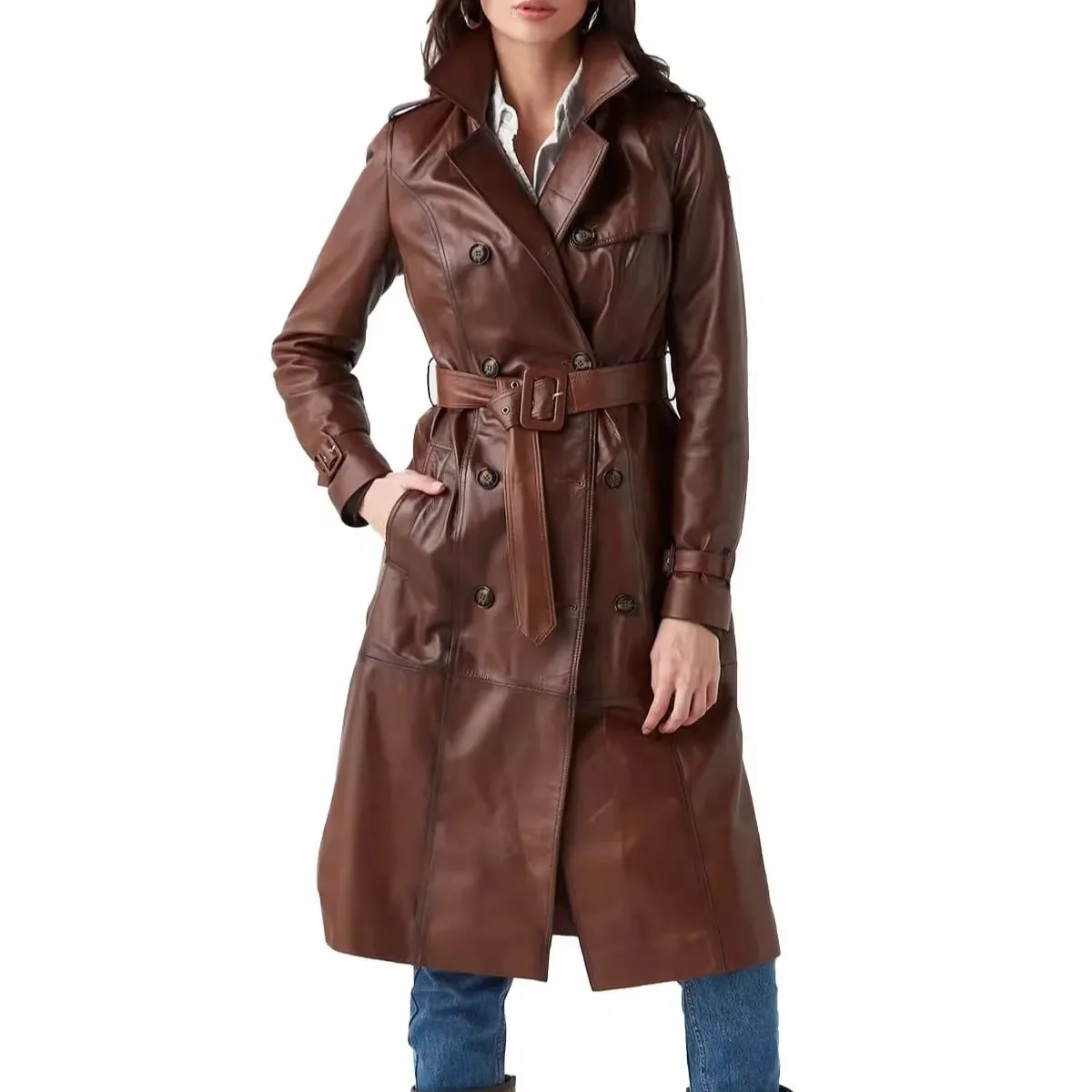 High Quality Women's Plus Size Clothing Real Sheepskin Stand Collar Long Coat Ladies Outerwear Belted Down Leather Trench Coat