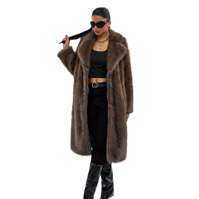 2025 New Women's Fox Faux Fur Coat Long Plush Jacket Winter Fashion Casual Overcoat Luxury Outerwear Wholesale