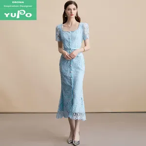 Droma Ready to Ship French Style Fashion Casual Short Sleeve Dresses Women's Party Elegant Lace Long Evening Dress