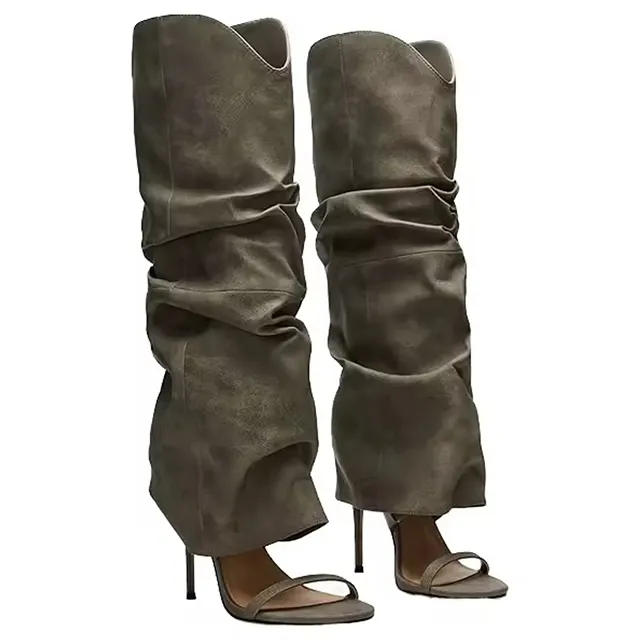 โลโก้ที่กำหนดเองสีเขียว Elegant ผู้หญิงรอบ Toe Stiletto รองเท้าส้นสูงเข่ารองเท้าบูทสูง