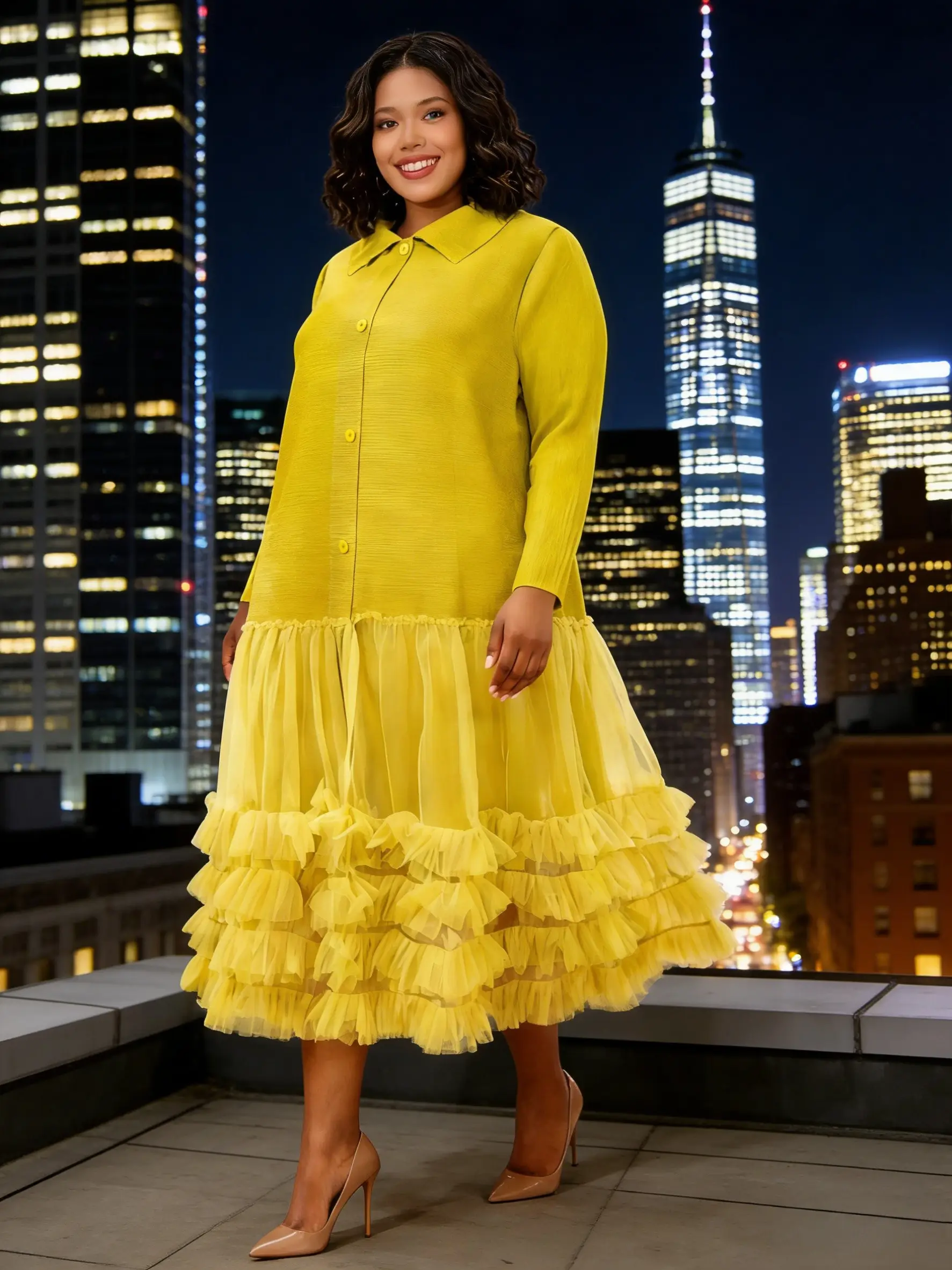 African Large-size Women's Clothing Manufacturer - Wholesale Lapel Button Miyake Pleated Dress