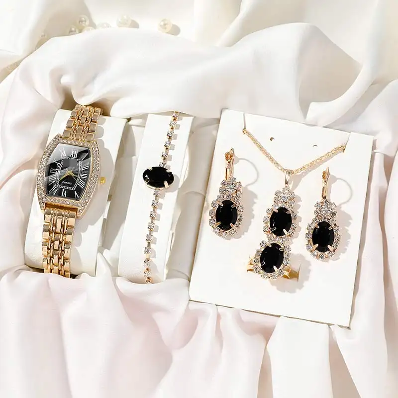 Stylish Roman Numerals Dial Full Diamond Strap Women's Watch Rhinestone Pendant Jewelry Watch Set