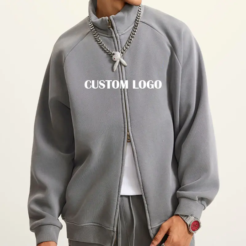 ขายส่งผ้าฝ้าย 350G Heavy Duty Vintage Wash Raglan Sleeve Zipper Hoodies เสื้อหลวมขนแกะแจ็คเก็ตสำหรับชาย