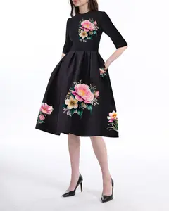 Manufacturer Custom Women's Summer Floral Midi Dress Elegant Vintage Floral Print Silk Crewneck Cocktail Knee-length Midi Dress