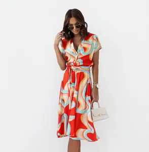 Fashion New Fashion Printed Short Sleeve V Neck Dress Women A-Line Slim Fit Dress