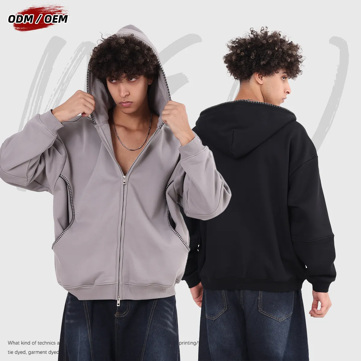 Men's Vintage Winter 385Gsm Fleece Zipper-up Hooded Jacket Lock-stitch Embroidery Front-opening Zipper Hoodie