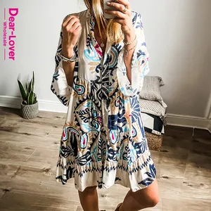 Dear-Lover Wholesale Dropshipping Boutique Vestido Boho Clothing Women Fashion Cute Printed Tribal Floral Mini Bohemian Dress