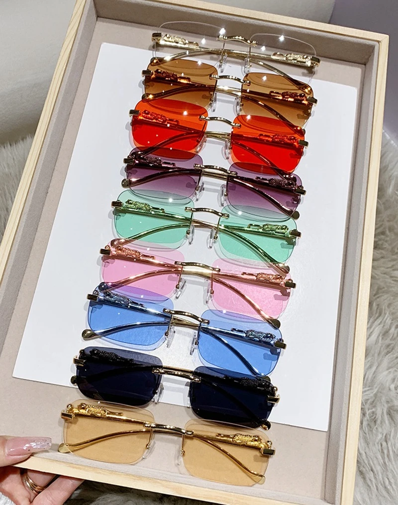 แว่นกันแดดป้องกันรังสียูวีไร้ขอบกรอบสี่เหลี่ยมย้อนยุคสำหรับผู้หญิงและผู้ชาย